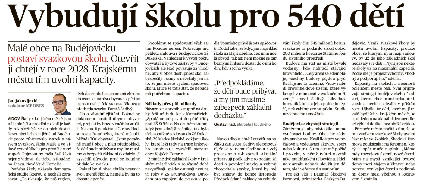 MF DNES píše o naší škole